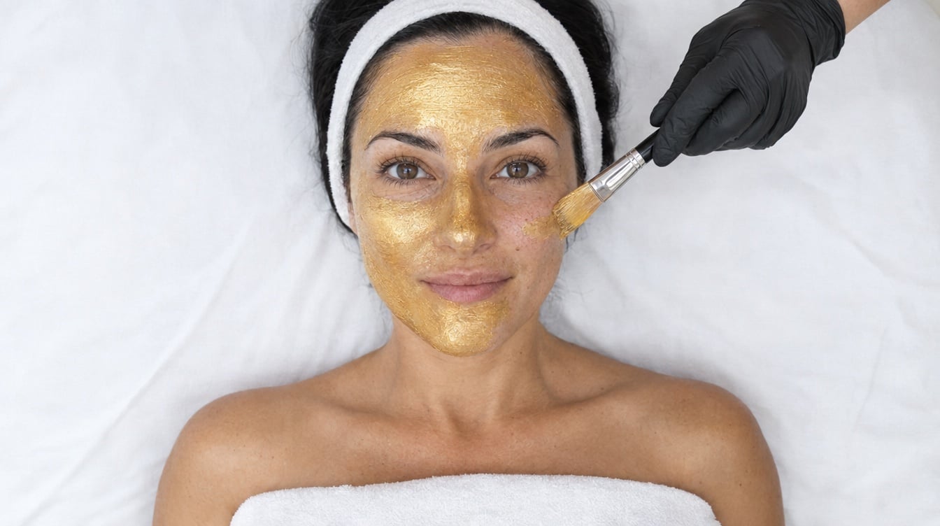 Kundin mit goldener Gesichtsmaske liegt auf der Behandlungsliege, die Behandlerin trägt die Maske mit dem Pinsel auf
