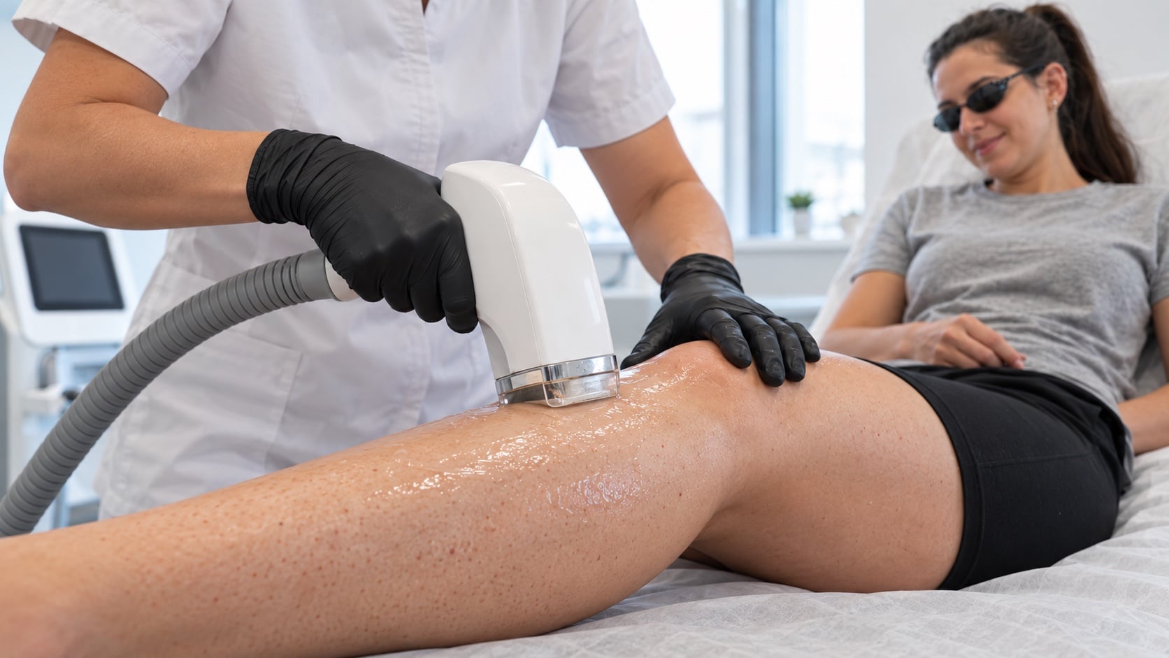 Behandlerin führt das Laser-Handstück über das Bein einer Kundin mit Schutzbrille