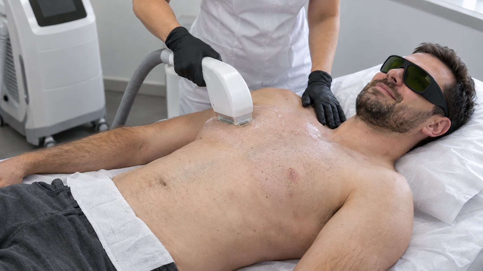 Behandlerin führt das Laser-Handstück über die Brust eines Mannes mit Schutzbrille