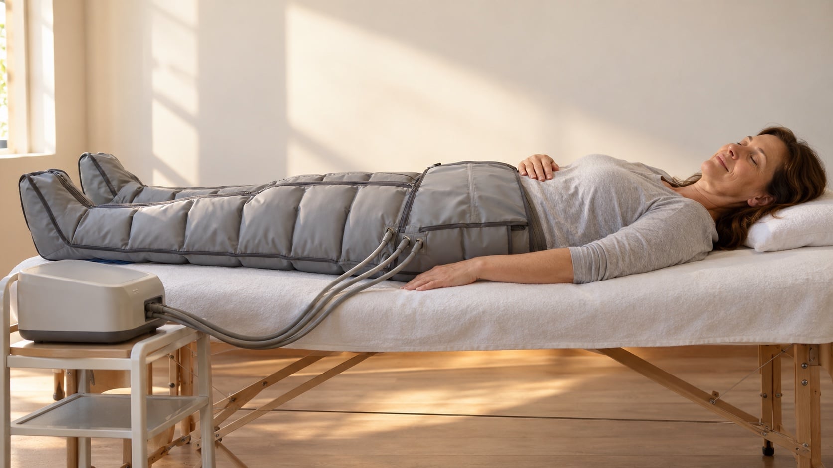 Frau liegt entspannt in Pressotherapie-Manschetten an Beinen und Bauch auf der Behandlungsliege