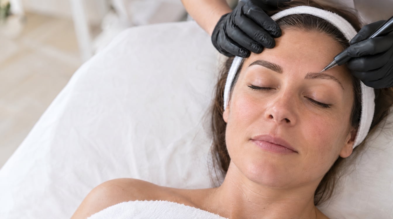 Behandlerin mit Handschuhen zeichnet mit dem Microblading-Stift feine Härchen in die Augenbraue einer entspannt liegenden Kundin