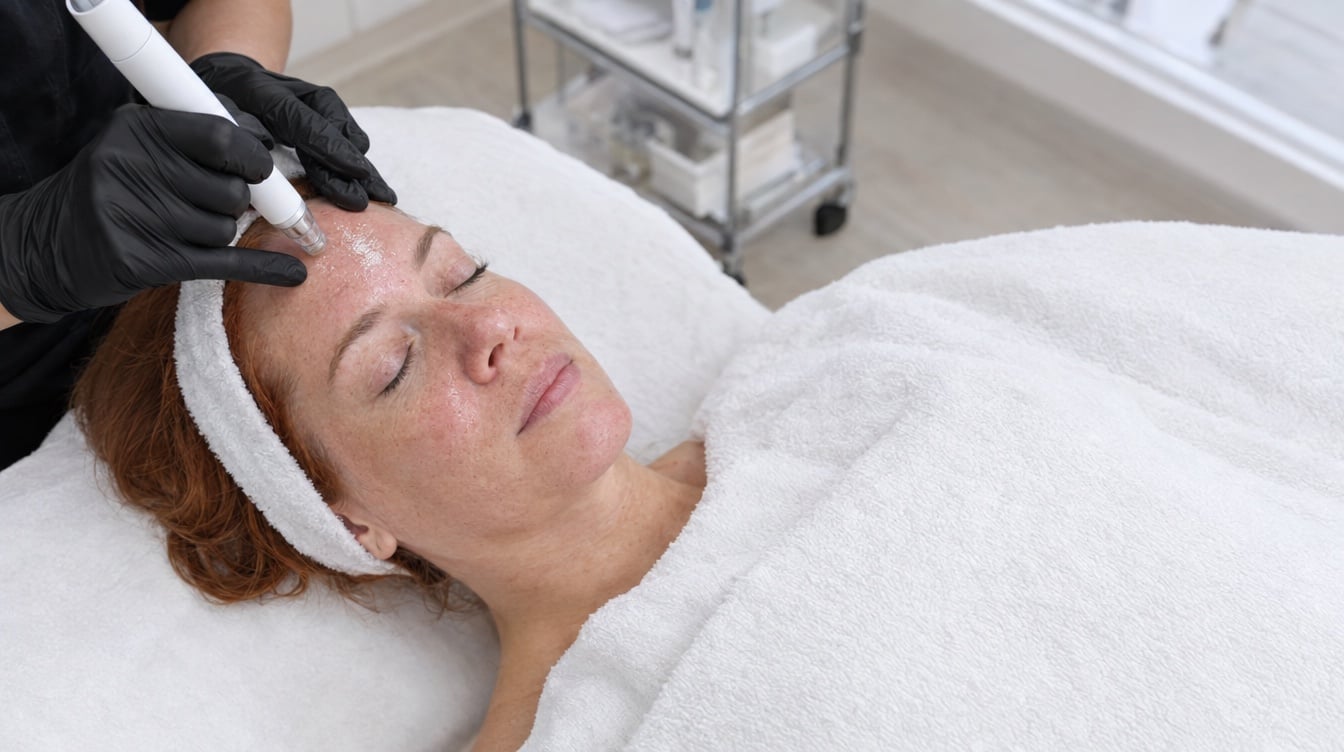 Behandlerin arbeitet mit einem Microneedling-Gerät an der Stirn einer liegenden Kundin