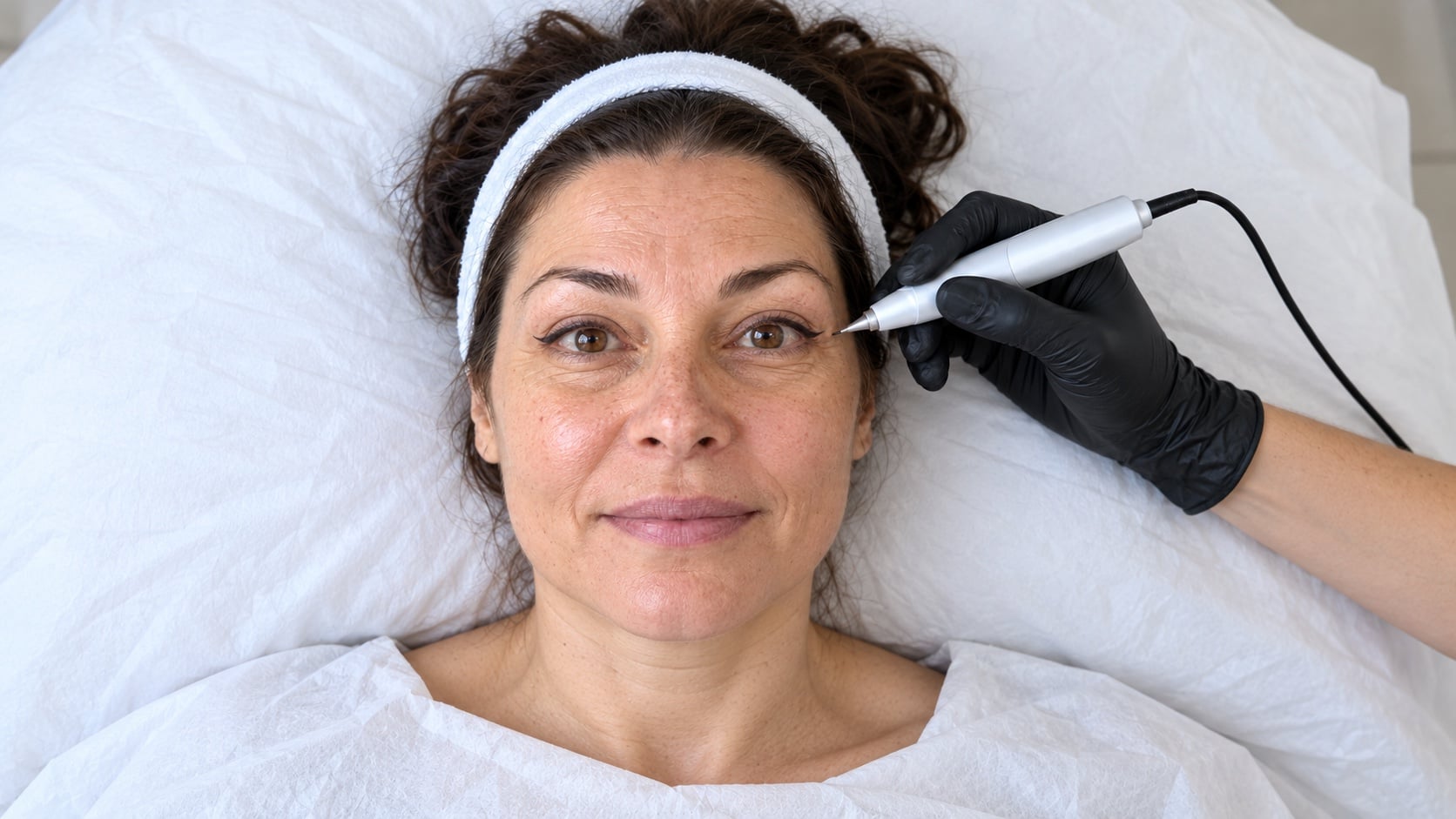 Behandlerin setzt mit dem Permanent-Make-up-Gerät einen feinen Lidstrich bei einer liegenden Kundin