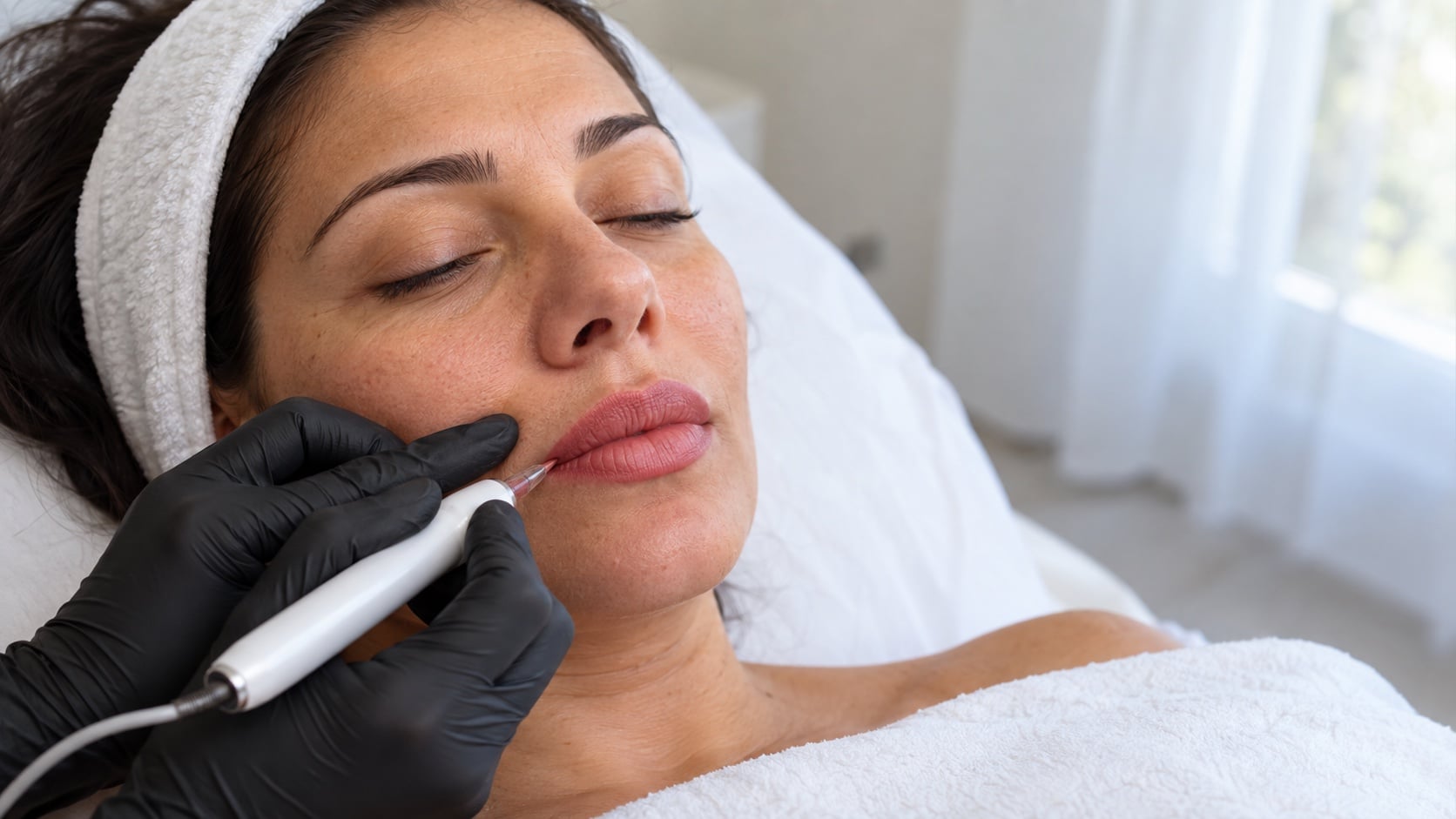 Behandlerin zeichnet mit dem Permanent-Make-up-Gerät die Lippenkontur einer liegenden Kundin nach