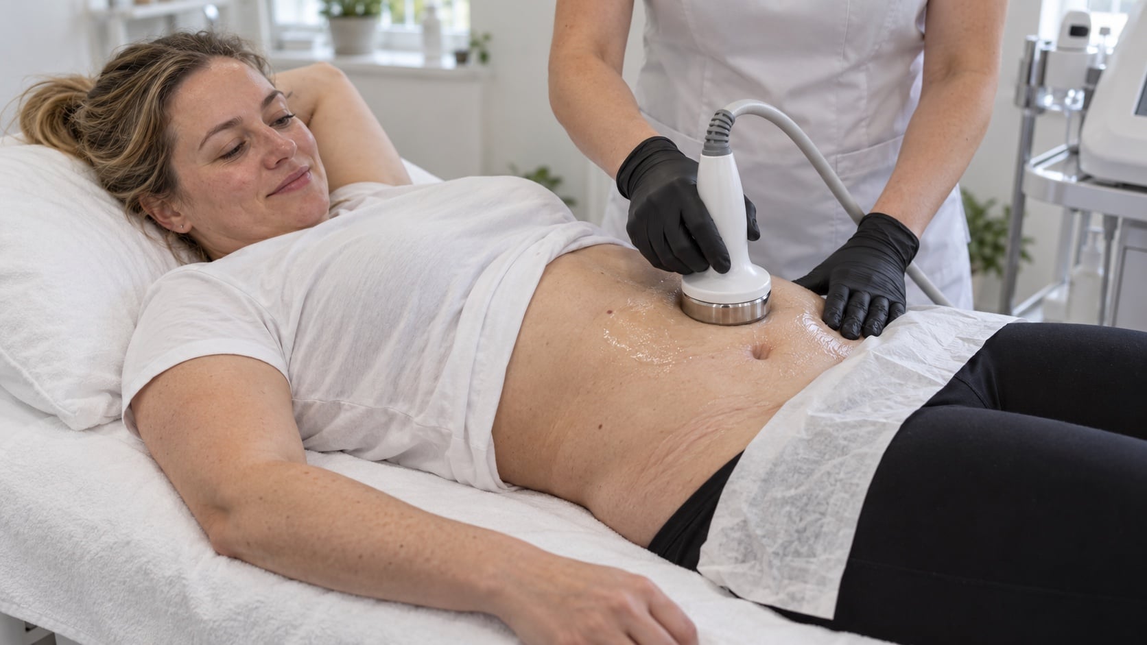 Behandlerin führt ein Ultraschall-Gerät über den Bauch einer entspannt liegenden Kundin